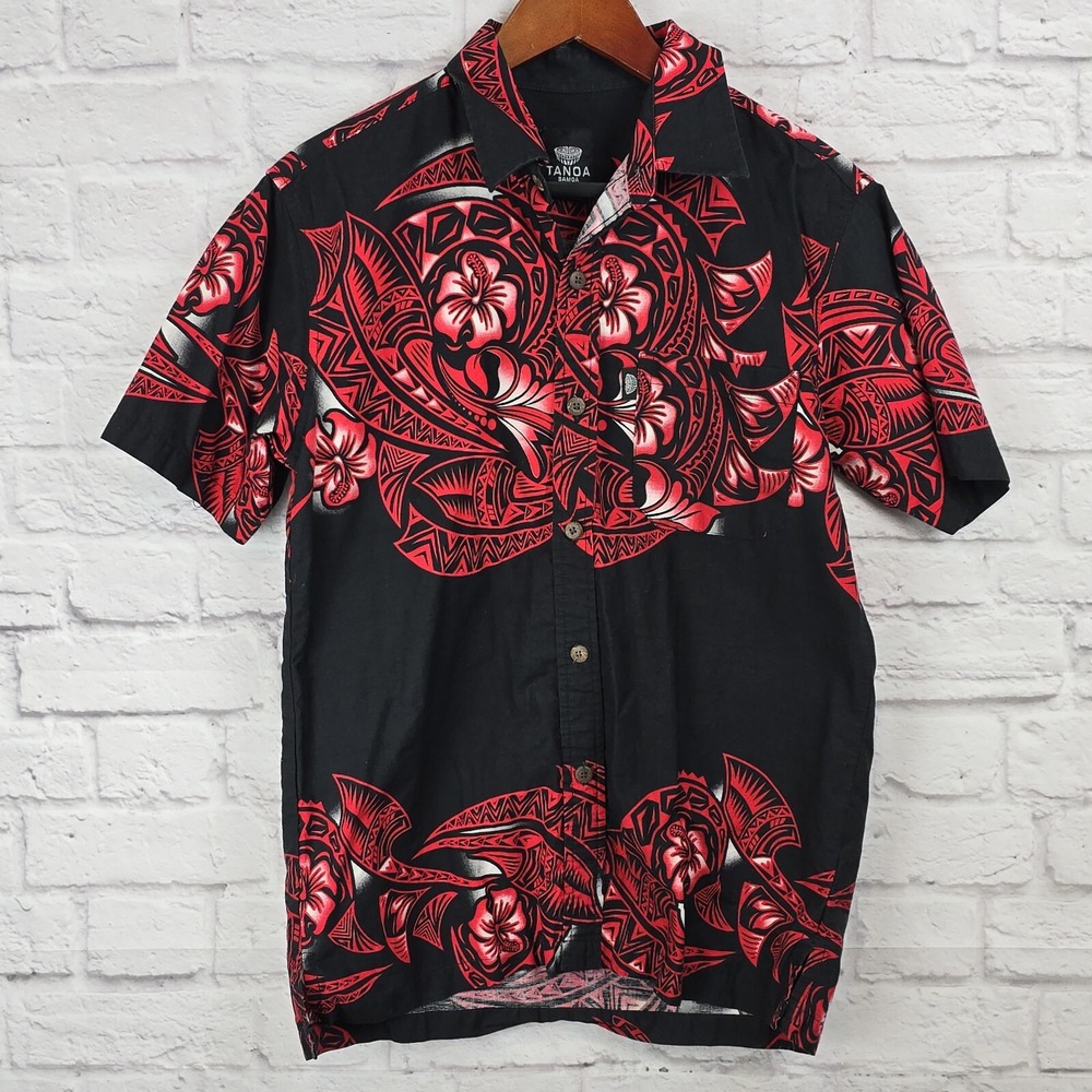 Tanoa Samoa Men's Medium Red Tribal Hawaiian Shirt 100% Cotton Floral Aloha